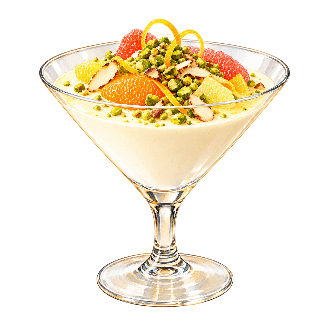 Biancomangiare al pistacchio con mandorle e agrumi